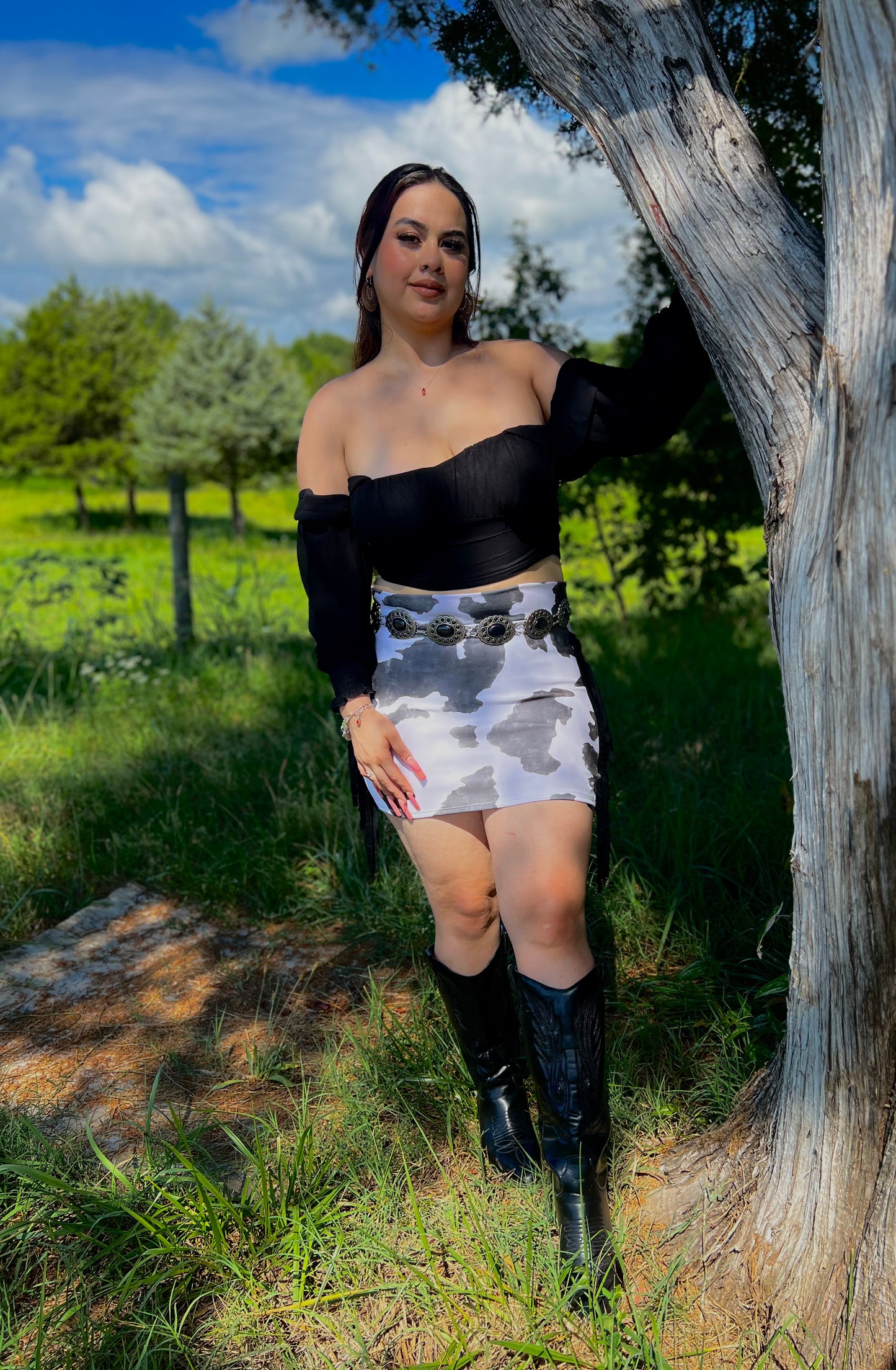 Western Babe Cow Print Skirt (Black)