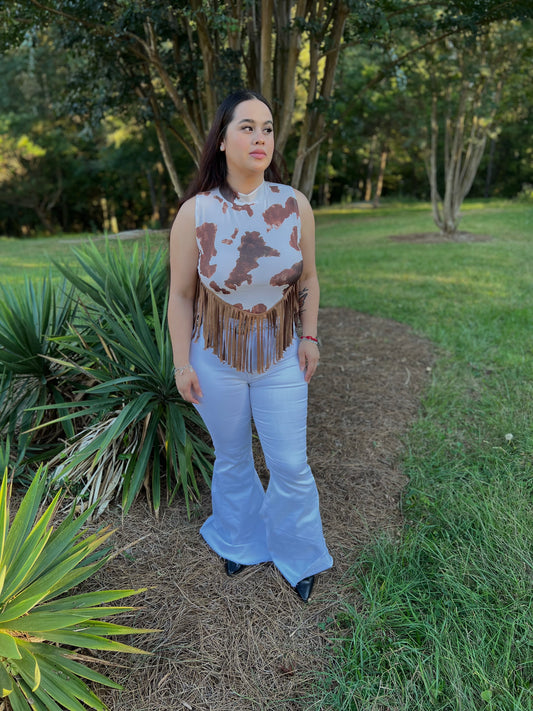 Isabella Fringe Top (Cow Print)