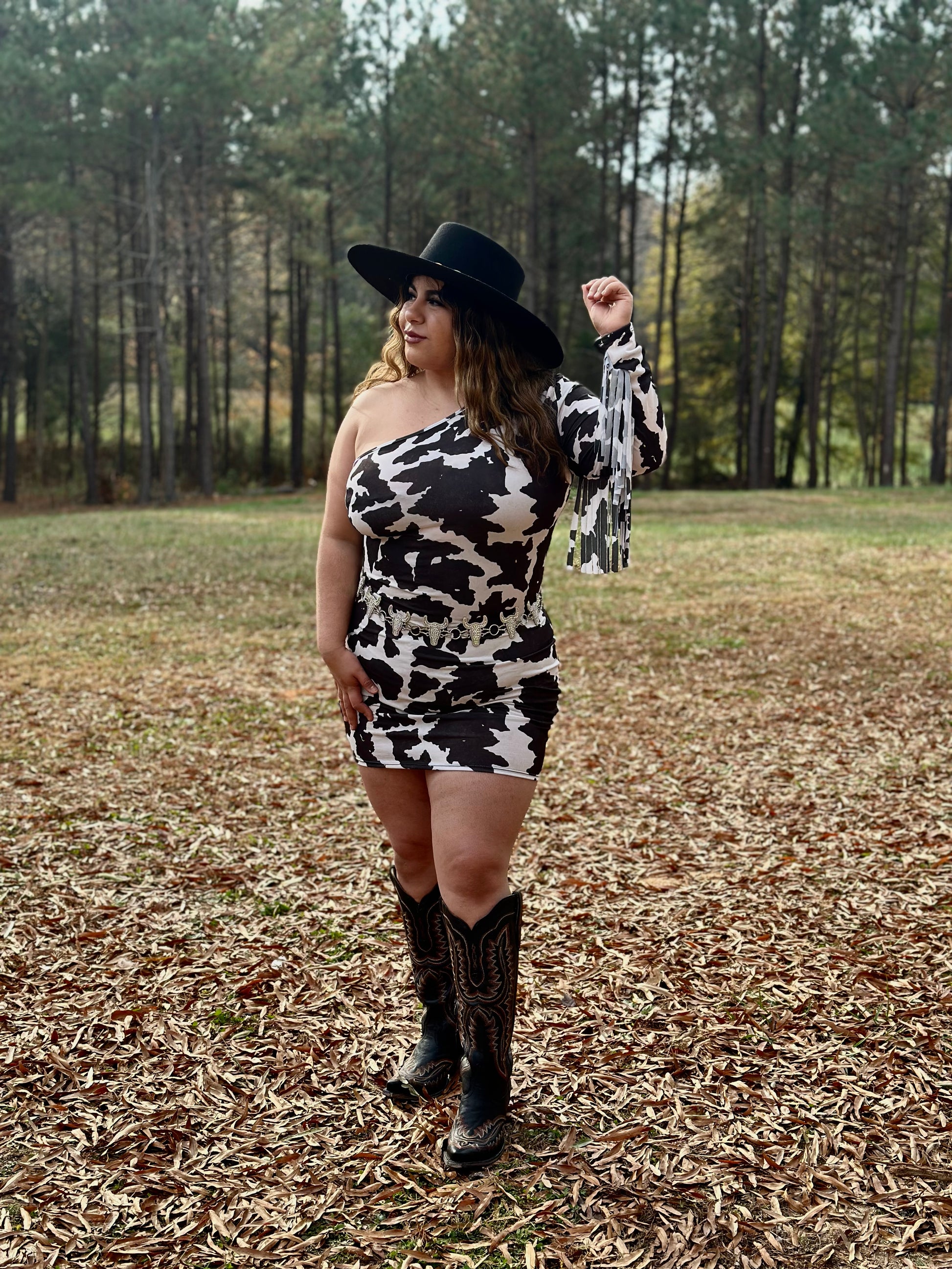 Lala One Shoulder Fringe Cow Dress (Black) Shop Leon Boutique Lala One Shoulder Fringe Cow Dress (Black) Shop Leon Boutique